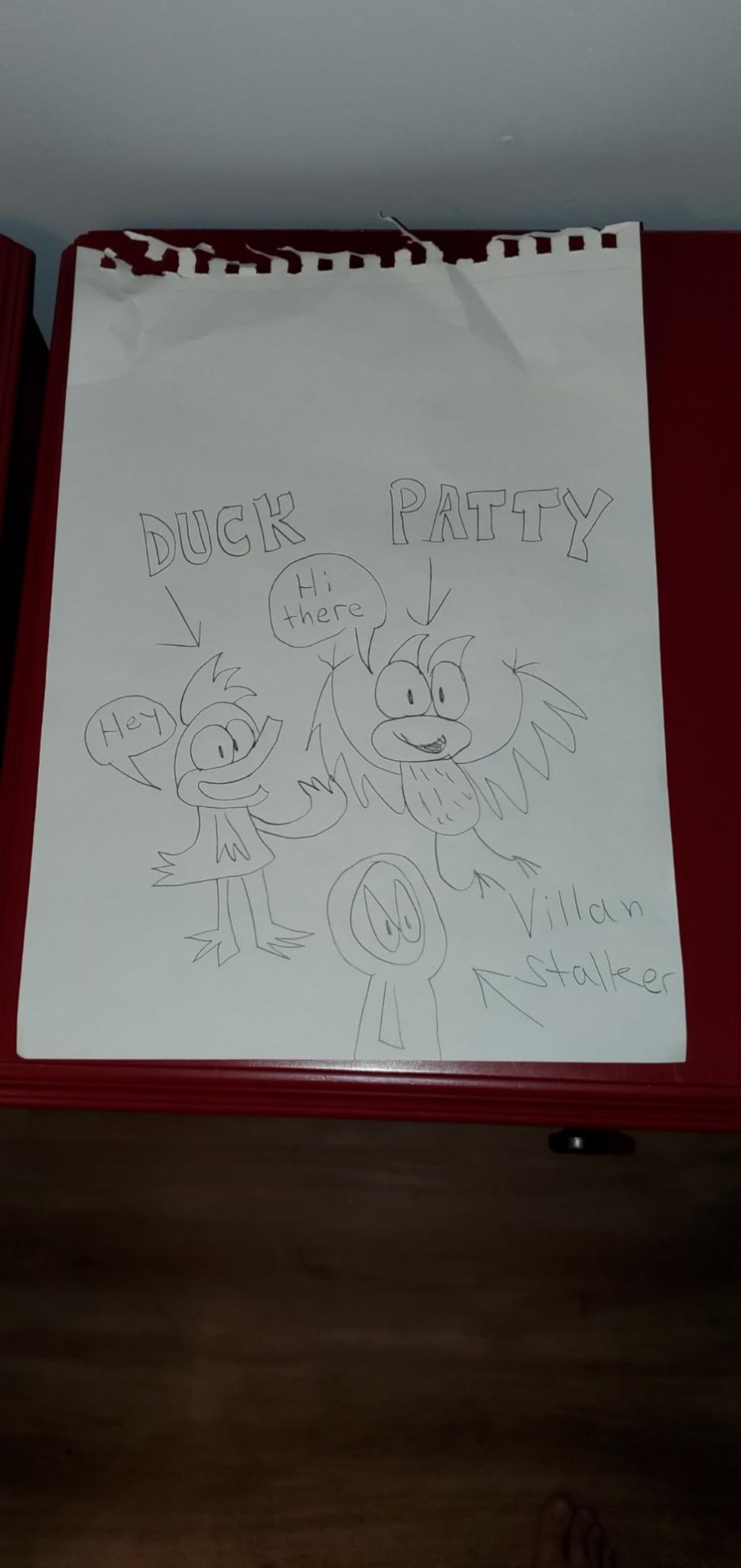 Early pencil sketch of Duck, Patty and Stalker